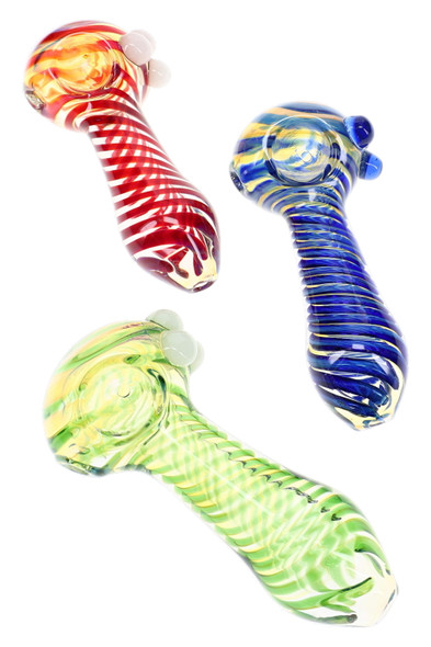 Three color-changing glass spoon pipes in red, blue and green tones with spiral stripes and raised glass accents