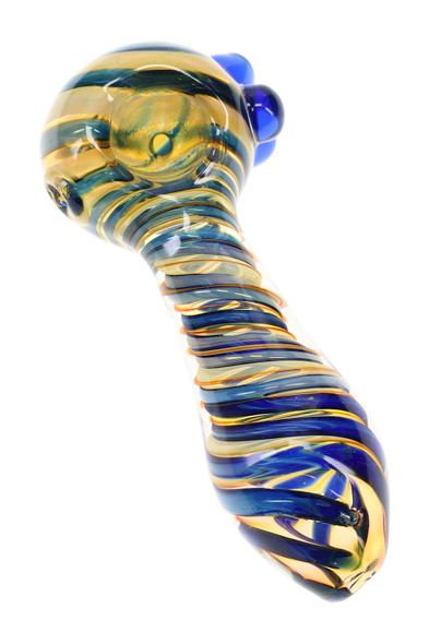 Blue-toned color-changing glass spoon pipe with layered spiral stripes and raised blue glass accents near the bowl