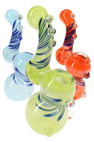 Three 5.5" donut hole frit Sherlock bubblers in blue, green, and orange—wholesale glass assortment photo