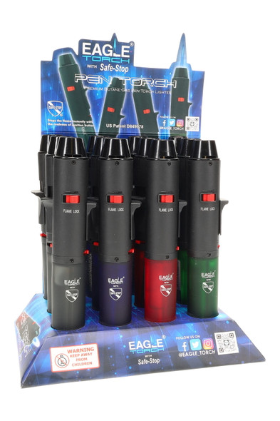 Eagle PT132P pen torch lighters, wholesale counter display on white background; Safe-Stop callout and mixed color tanks visible.