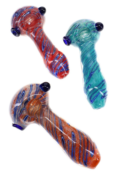 Three 4.5" frit glass spoon pipes in red, teal and orange tones with striped accents and dark blue glass details