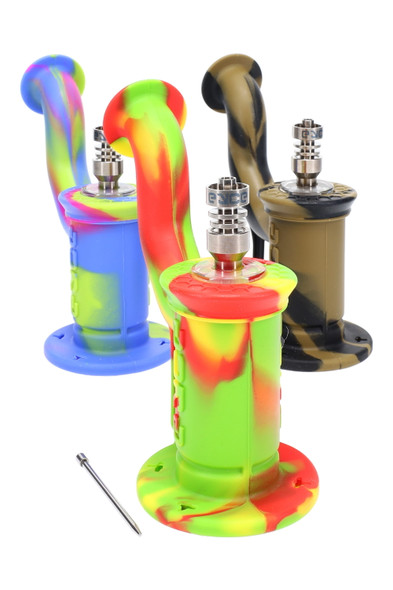Trio of Eyce Rig II silicone dab rigs in rainbow, blue, and camo patterns with 10 mm titanium nails, 7-inch rigs for wholesale, bright front three-quarter view.