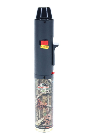 Bulk Eagle Pen Torch lighter, Mossy Oak Break-Up pattern, single unit close-up showing flame-lock slider and clear fuel window.