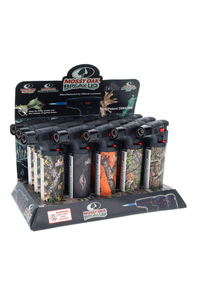 Wholesale Mossy Oak torch gun lighter display by Eagle, 15-count counter tray, front angle with licensed camo wraps – L0151.