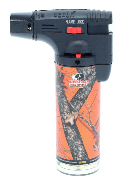 Bulk Eagle torch gun lighter, orange Mossy Oak Blaze wrap; single close-up showing flame lock slider – L0151.