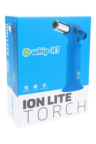 Whip-It Ion Lite Torch retail box, solid blue variant shown at front-left angle for bulk head-shop inventory listings.