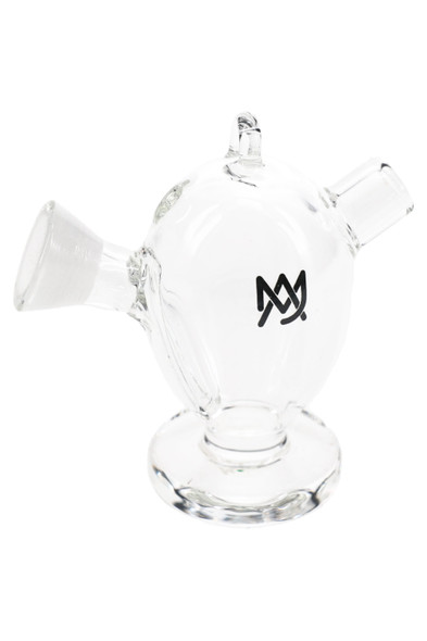Clear glass Martian blunt bubbler on pedestal base with side carb; compact 2.3-inch wholesale cone bubbler shown front angle on white background.