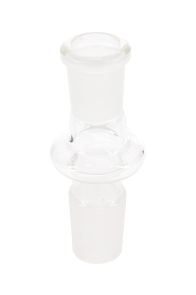 Retail smoke gear clear glass male-to-female 18.8 mm to 14.5 mm reducer adapter, polished joints, studio white backdrop