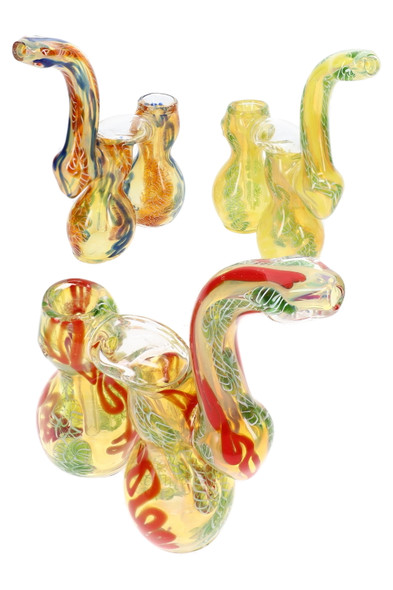 Three 8" double-chamber Sherlock bubblers with curved necks and varied red, green, blue, and orange stripes