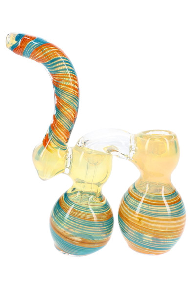 Double-chamber glass Sherlock bubbler with teal and orange spiral stripes, rounded bases, and curved mouthpiece