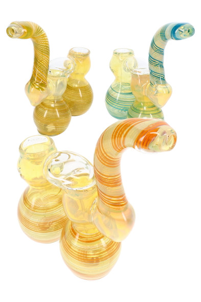 Three 8" double-chamber Sherlock bubblers with curved necks and assorted yellow, teal, and orange spiral stripes