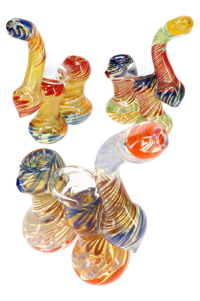 Assorted 7.5" double-chamber Sherlock glass bubblers with curved necks and multicolor striped accents