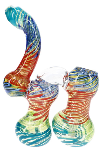 Side view of a 7.5" double-chamber Sherlock bubbler with red, blue, yellow, and green glass striping