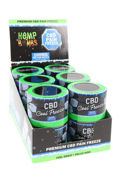 Twelve 1 oz jars of Hemp Bombs CBD Cool Freeze in a branded counter display tray, ideal for wholesale checkout merchandising.