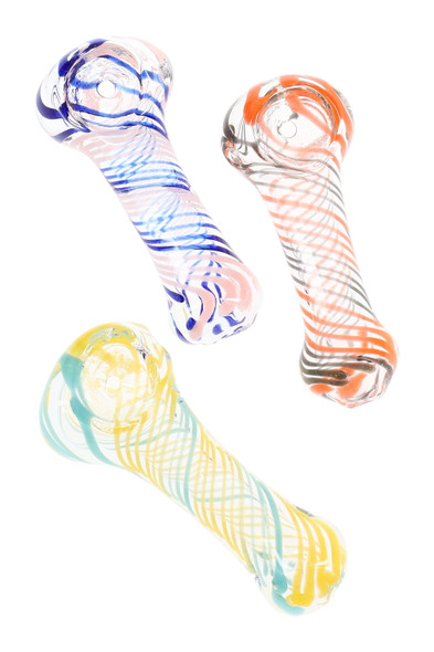Three small clear striped glass spoon pipes in blue, orange, and yellow on white background, ideal for smoke shop wholesale assortments.