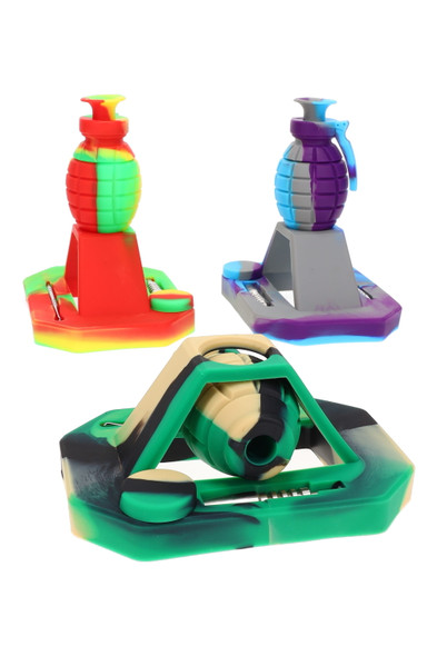 Trio of 6.5" grenade silicone dab straw kits in mixed colors with built-in jar, head-shop wholesale accessory, angled studio view on white background.