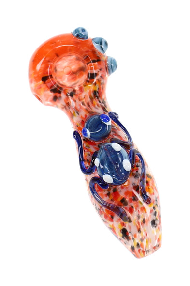 Orange multicolor frit glass spoon pipe with raised blue glass critter, white accents and sculpted legs