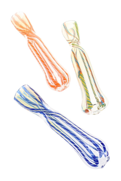 Assorted 3" color-changing striped glass chillums featuring blue, orange, and multicolor twisted linework for retail glass displays
