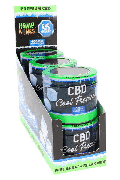 Retail display of six Hemp Bombs CBD Cool Freeze 4 oz jars, 400 mg each; black/green POP tray; wholesale counter unit, angled view.