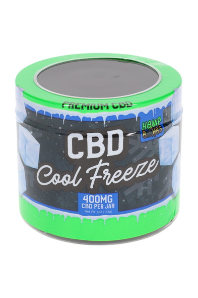 Front view Hemp Bombs CBD Cool Freeze pain rub 4 oz jar, 400 mg; green lid with ice graphics; wholesale topical, straight-on.