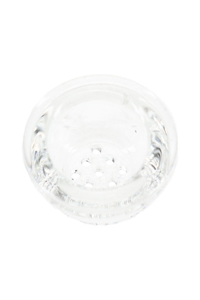 Close-up of clear glass screen bowl insert with multiple holes in the base, compact replacement part for silicone hand pipes sold to retail head shops.