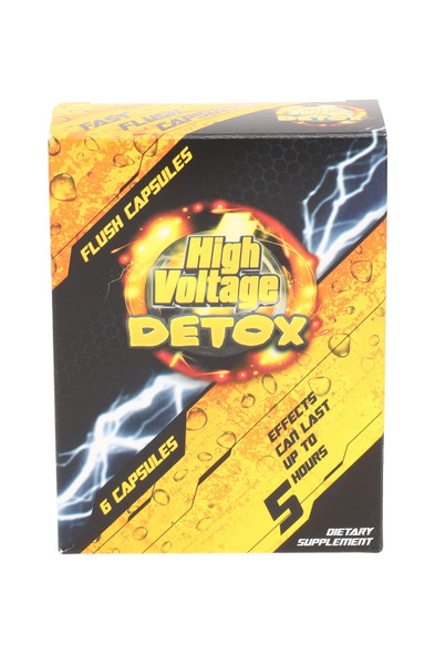 High Voltage Detox Fast Flush Capsules 6-count retail box, wholesale product front on white with bold yellow/black graphics. High Voltage Detox Fast Flush Capsules 6-count retail box, wholesale product front on white with bold yellow/black graphics.