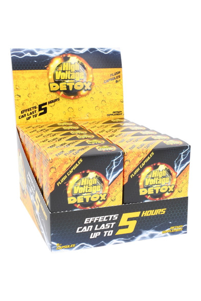 High Voltage Fast Flush Capsules 12-box countertop display for wholesale orders, bright yellow boxes in a shelf-ready tray. High Voltage Fast Flush Capsules 12-box countertop display for wholesale orders, bright yellow boxes in a shelf-ready tray.