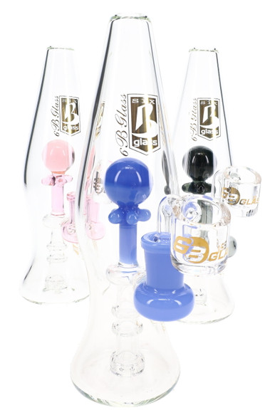 Assorted 8" 6B Glass lava lamp dab rigs with clear tapered bodies, colored accents, percolators, and glass bangers