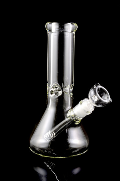 Clear 10" glass beaker water pipe with thick base and male bowl, angled view for retail smoke gear showcases