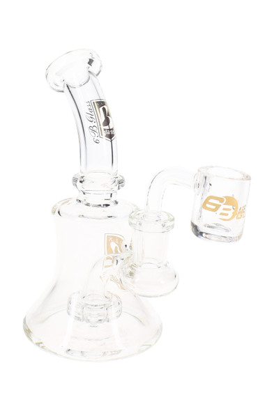 Clear 5.5" wholesale dab rig with stemless beaker body, showerhead perc, and angled quartz banger.