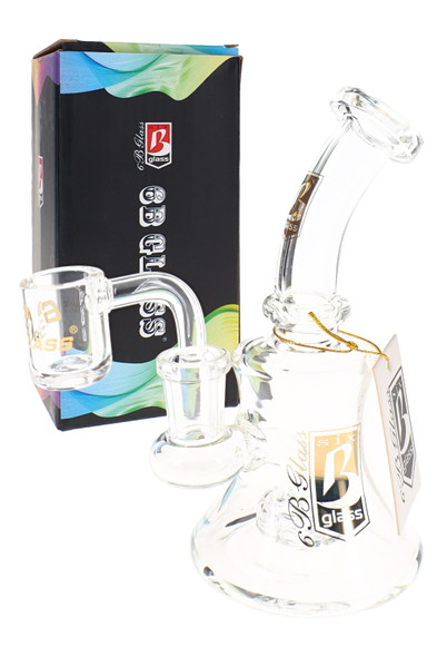 Clear 5.5" wholesale dab rig with showerhead perc, angled quartz banger, and 6B Glass retail box.
