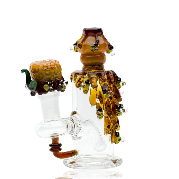 US-made beehive-themed glass nano rig displaying miniature beaker shape and stemless arm