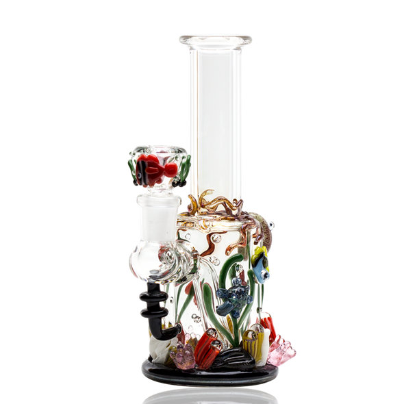 Under the Sea mini rig cutout on white showing ocean critter details and stemless 14.5 mm joint—B2B head-shop concentrate piece, compact beaker form.