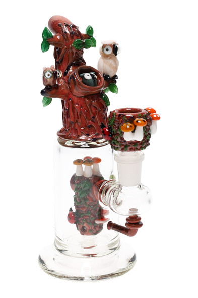 Clean white product view of US-made Hootie’s Tree glass mini rig highlighting owl trio, leaf accents, mushroom cluster; wholesale water-pipe listing image.