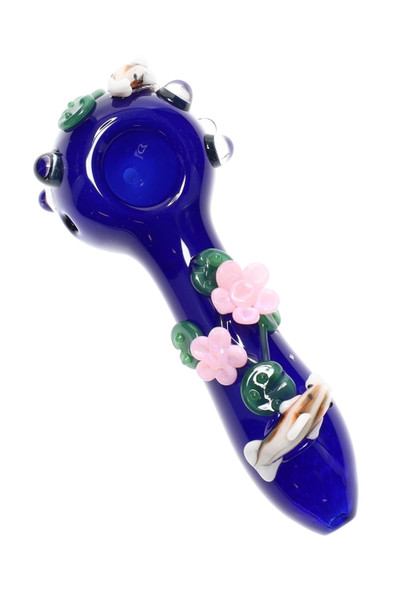 Top-down cutout of koi pond spoon highlighting pink blossoms and koi accents—wholesale smoke-shop hand pipe, 4.5" compact design.