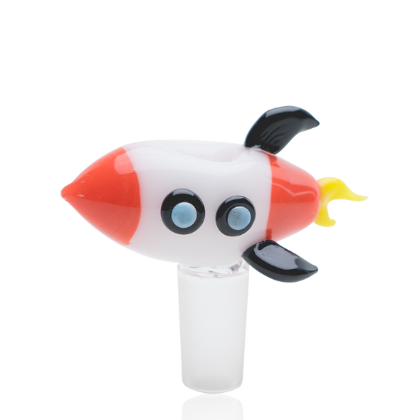 Space Cruiser herb bowl for retail smoke gear buyers, 14.5 mm frosted male joint, white and red rocket with fins, front-left angle on white.