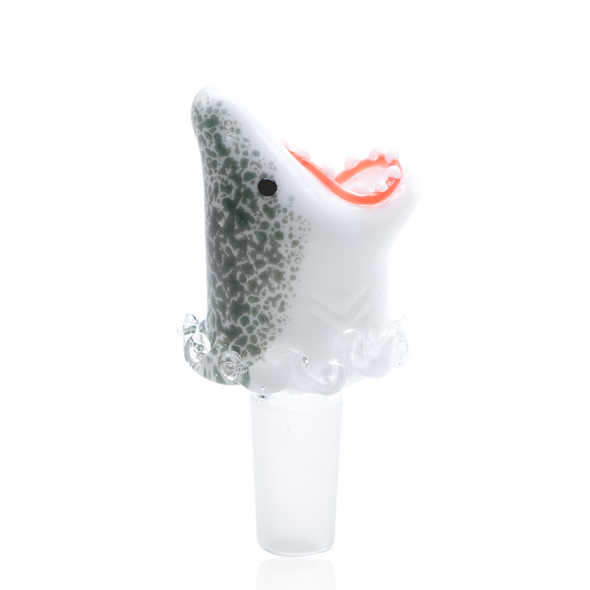 Jawsome borosilicate bowl slide for retail smoke gear displays, 14.5 mm male joint, white shark head detail with open mouth, front-left angle.