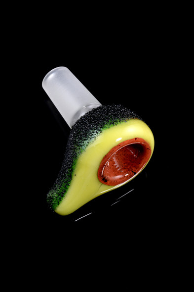 Wholesale head-shop bowl piece, frosted 14.5 mm male joint with avocado pit detail, angled view on black background.