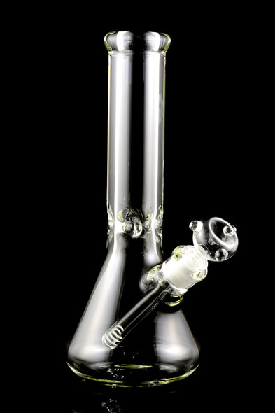 Side view of heavy clear beaker water pipe with ice pinch, thick base; smoke shop wholesale glass