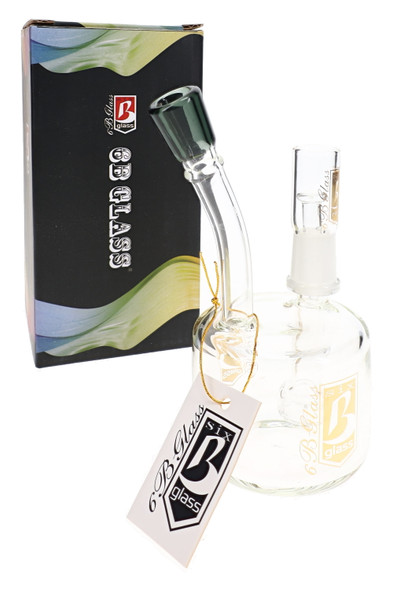 5.5" 6B Glass mini stemless puck dab rig with green mouthpiece accent, 14.5 mm male connection, branded hang tag, and retail gift box.