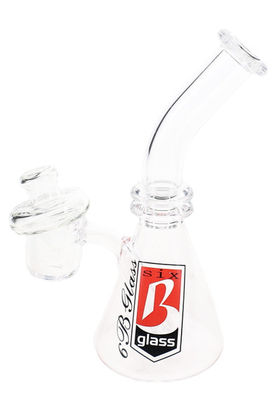 Clear 5" 6B Glass mini quartz dab rig featuring a bent neck, attached quartz banger, included directional carb cap, and branded logo.