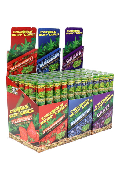 Cyclones Hemp Cones 24-tube wholesale display; toasted hemp; strawberry, blueberry, grape, natural flavors; front-left angle.