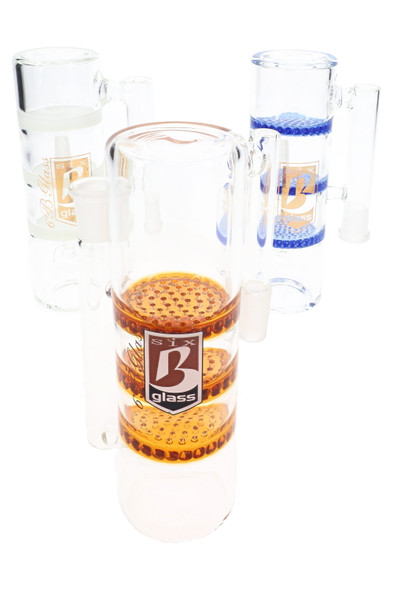 Assorted 6B Glass triple honeycomb ash catchers in orange, blue, and clear accent colors displayed together.