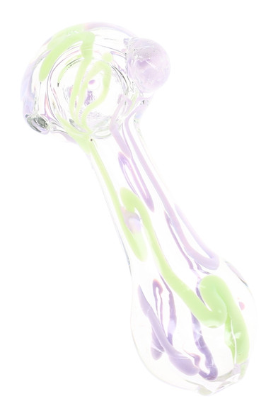 Close-up clear glass spoon pipe with green and purple squiggle stripes around the bowl, stem and mouthpiece