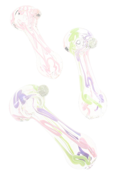 Three clear 4" glass spoon pipes with varied pink, green and purple neon squiggle stripe accents