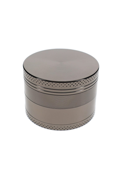 Closed silver 2" zinc alloy metal grinder with textured grip bands for head-shop supplies shelves