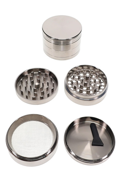 Open 2.5" zinc alloy metal grinder with teeth, screen, and scraper for wholesale smoke shop displays