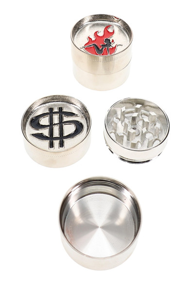 1.5" assorted-design 3-part metal grinder shown closed with decorative exterior finish