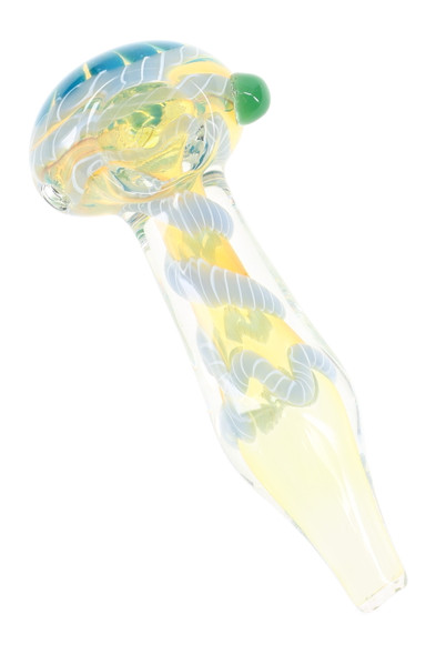 4" color-changing striped glass spoon pipe close-up, teal and yellow fume with green marble for B2B resale displays