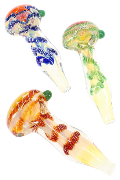 Three 4" color-changing striped glass spoon pipes with green marbles, assorted colors for wholesale smoke shop restock